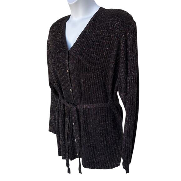 Karen Scott II Black Cardigan with Rainbow Metallic Threads and Belt size 3X - Picture 6 of 10
